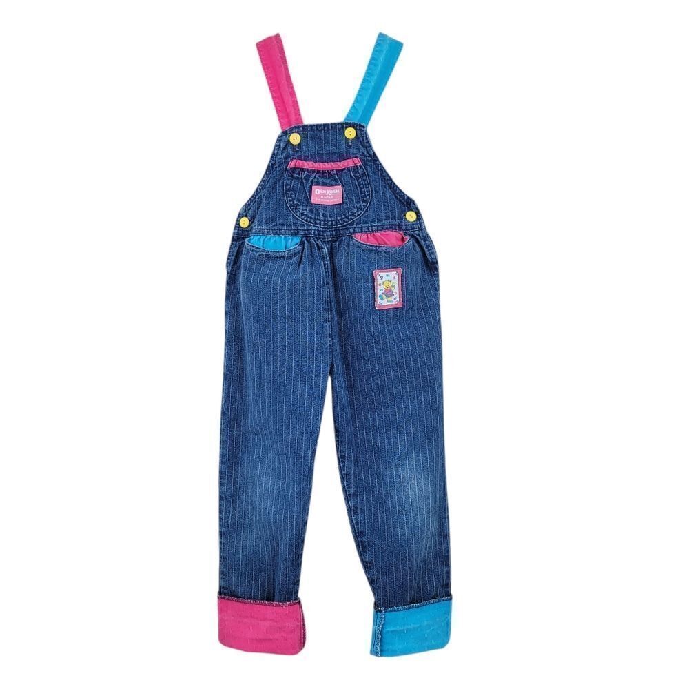 Oshkosh Vintage Overalls Pin Stripe Pink Blue Yellow Character Bear Patch